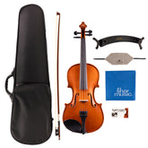 Detailed component view of a Franz Hoffmann Danube Outfit for beginner violin with violin, wood bow, case, rosin, cleaning cloths, and shoulder rest 