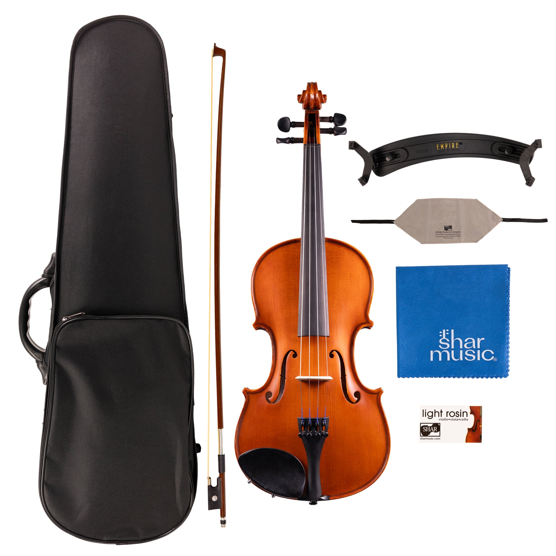 Detailed component view of a Franz Hoffmann Danube Outfit for beginner violin with violin, wood bow, case, rosin, cleaning cloths, and shoulder rest 