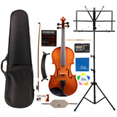 Detailed component view of a Franz Hoffmann Amadeus Deluxe Outfit for beginner violin with violin, wood bow, case, rosin, cleaning cloths, shoulder rest, tuner-metronome, folding stand, and more 