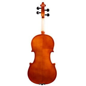 Back view of a Franz Hoffmann Amadeus beginner violin with spruce top, maple back, ebony fingerboard, pegs, and chinrest 