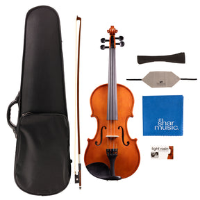 Detailed component view of a Franz Hoffmann Amadeus Outfit for beginner violin with violin, wood bow, case, rosin, cleaning cloths, and shoulder cushion