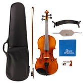 Detailed component view of a Franz Hoffmann Prelude Outfit for beginner violin with violin, wood bow, case, rosin, cleaning cloths, and shoulder rest 