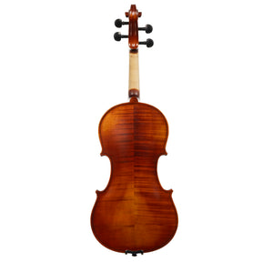 Back view of a Franz Hoffmann Prelude beginner violin with spruce top, maple back, ebony fingerboard, pegs, and chinrest 