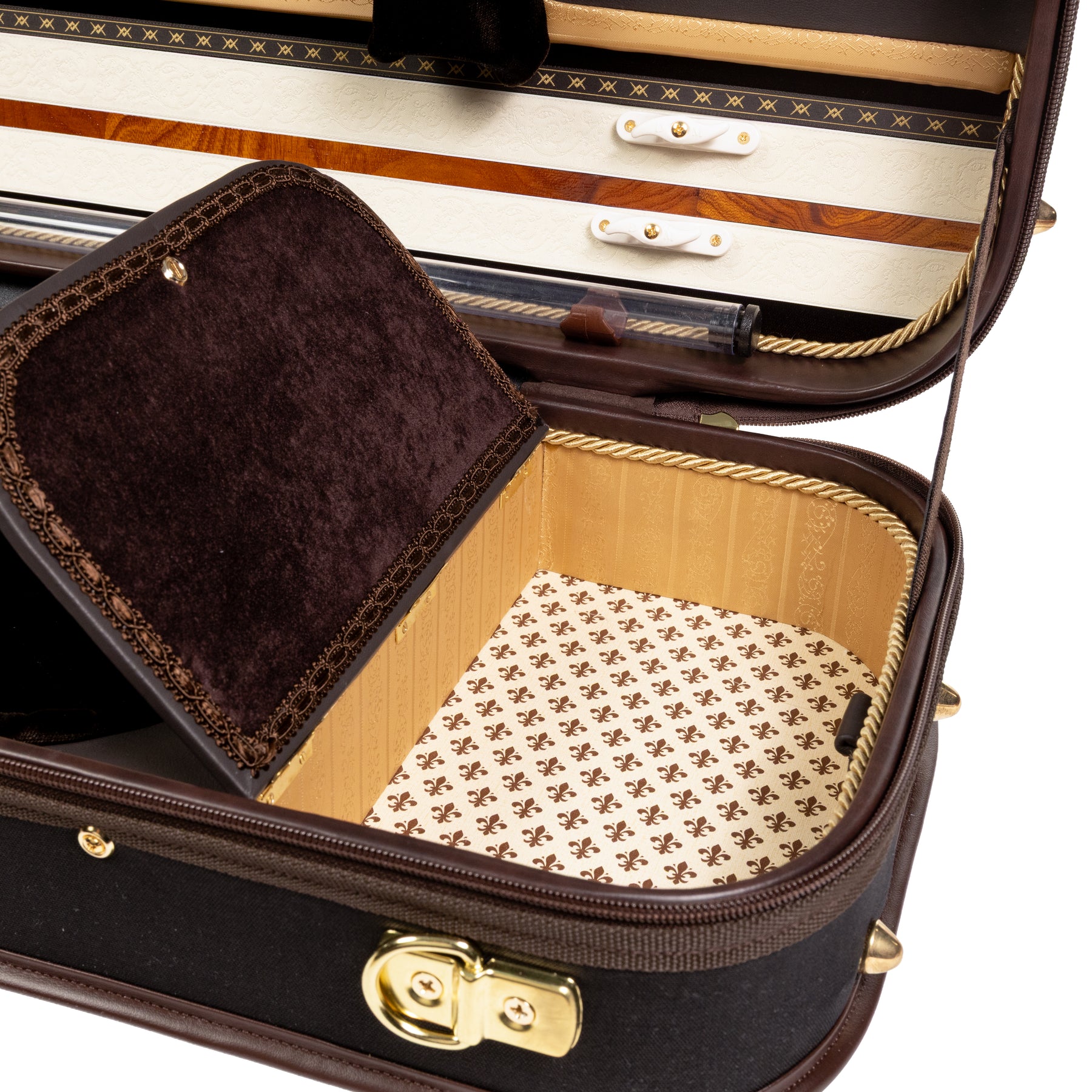 Musafia Master Series Aureum Violin Case Chocolate Interior, Accessory Compartment Close-Up