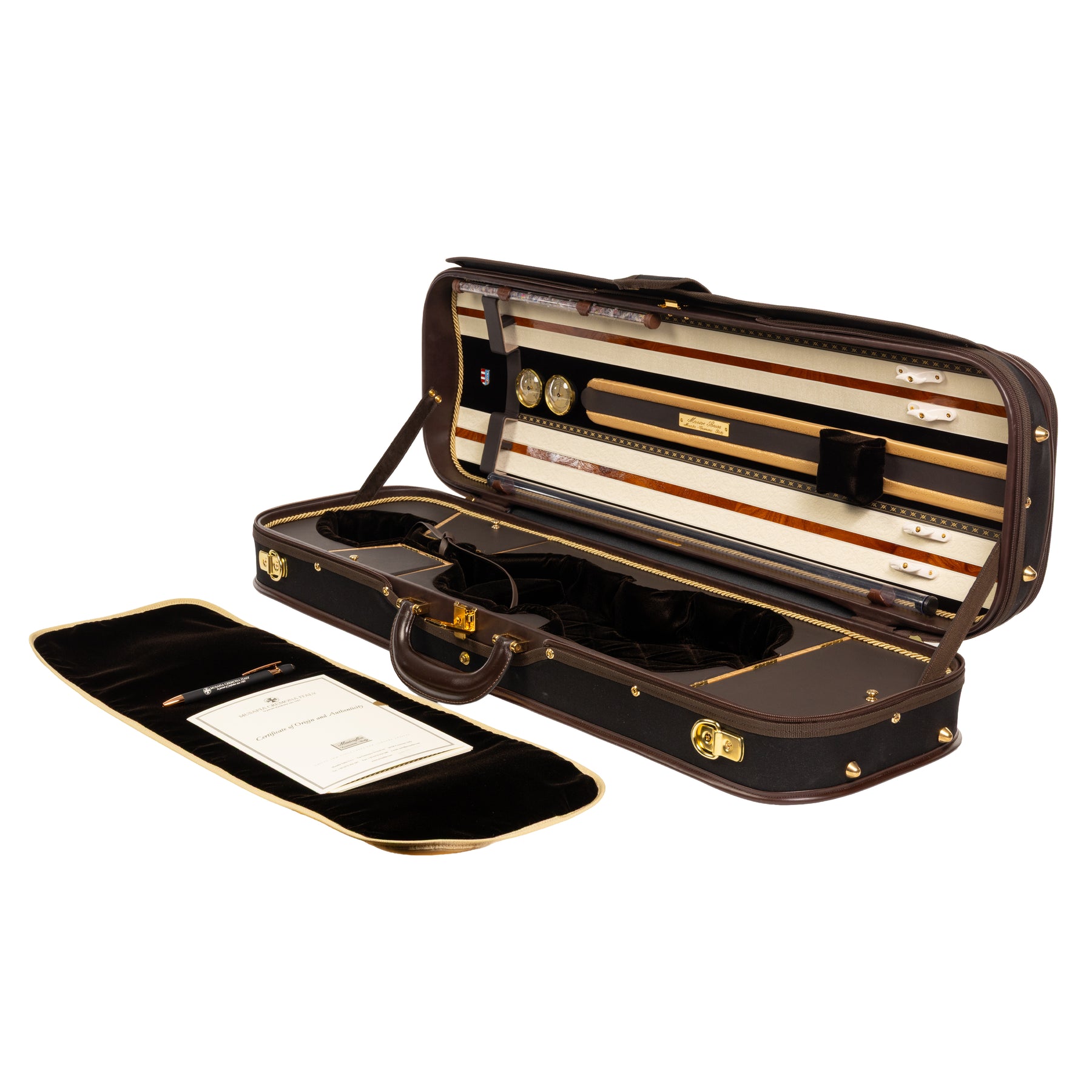 Musafia Master Series Aureum Violin Case Chocolate Interior, Accessories + Open Case