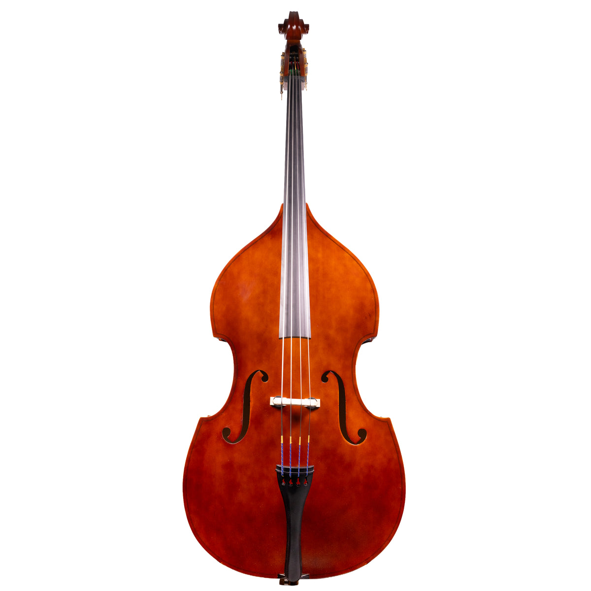 Front view of a Franz Hoffmann Amadeus beginner bass with laminate front, sides, and back, ebony fingerboard, quality geared pegs, and metal endpin 
