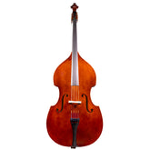 Front view of a Franz Hoffmann Amadeus beginner bass with laminate front, sides, and back, ebony fingerboard, quality geared pegs, and metal endpin 