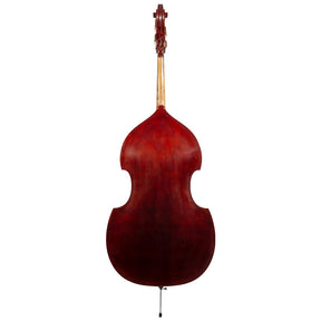 Back view of a Franz Hoffmann Amadeus beginner bass with laminate front, sides, and back, ebony fingerboard, quality geared pegs, and metal endpin