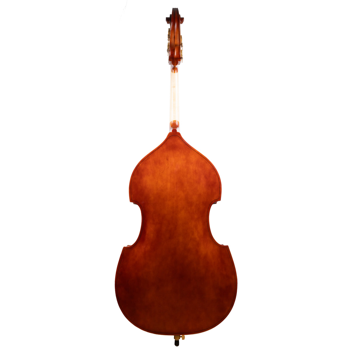 Back view of a Franz Hoffmann Amadeus beginner bass with laminate front, sides, and back, ebony fingerboard, quality geared pegs, and metal endpin