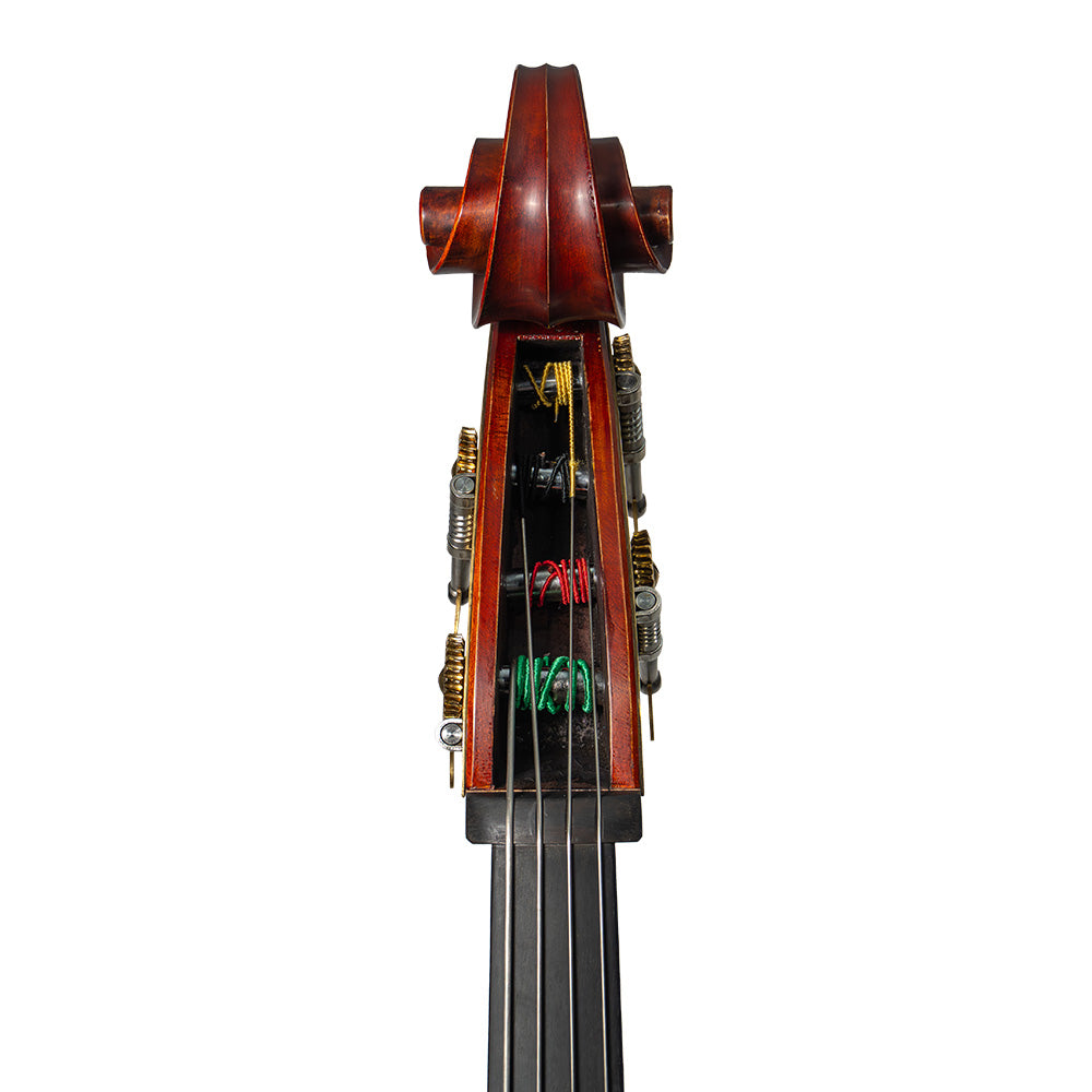 Close-up view of a Franz Hoffmann Amadeus beginner double bass gearbox with laminate top, sides, and back, ebony fingerboard, quality gears, and metal endpin