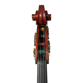 Close-up view of a Franz Hoffmann Amadeus beginner double bass gearbox with laminate top, sides, and back, ebony fingerboard, quality gears, and metal endpin