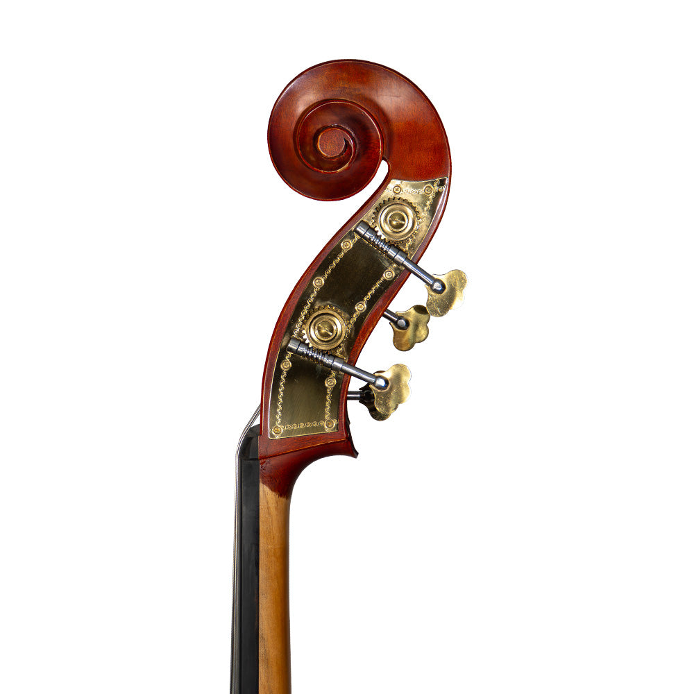 Close-up view of a Franz Hoffmann Amadeus beginner double bass treble-side gears with laminate top, sides, and back, ebony fingerboard, gears, and metal endpin 
