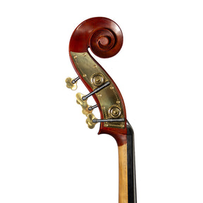Close-up view of a Franz Hoffmann Amadeus beginner double bass bass-side gears with laminate top, sides, and back, ebony fingerboard, gears, and metal endpin 