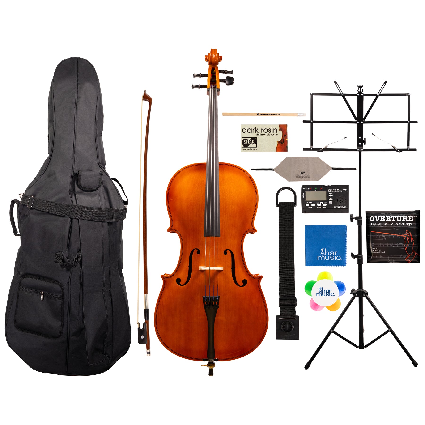 Detailed component view of a Franz Hoffmann Amadeus Outfit for beginner cello with laminate cello, wood bow, case, rosin, cleaning cloths, endpin anchor, tuner-metronome, folding stand, and more