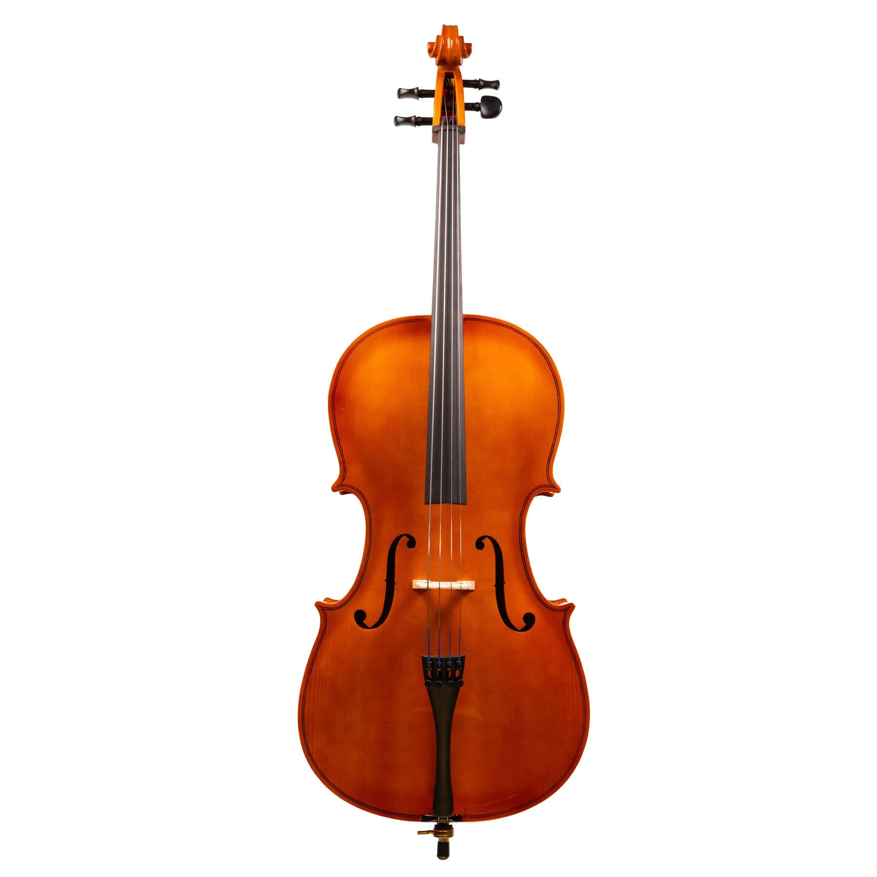 Front view of a Franz Hoffmann Amadeus Laminate beginner cello with laminate top, sides, and back, ebony fingerboard, ebony pegs, and metal endpin 