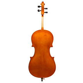 Back view of a Franz Hoffmann Amadeus Laminate beginner cello with laminate top, sides, and back, ebony fingerboard, ebony pegs, and metal endpin 