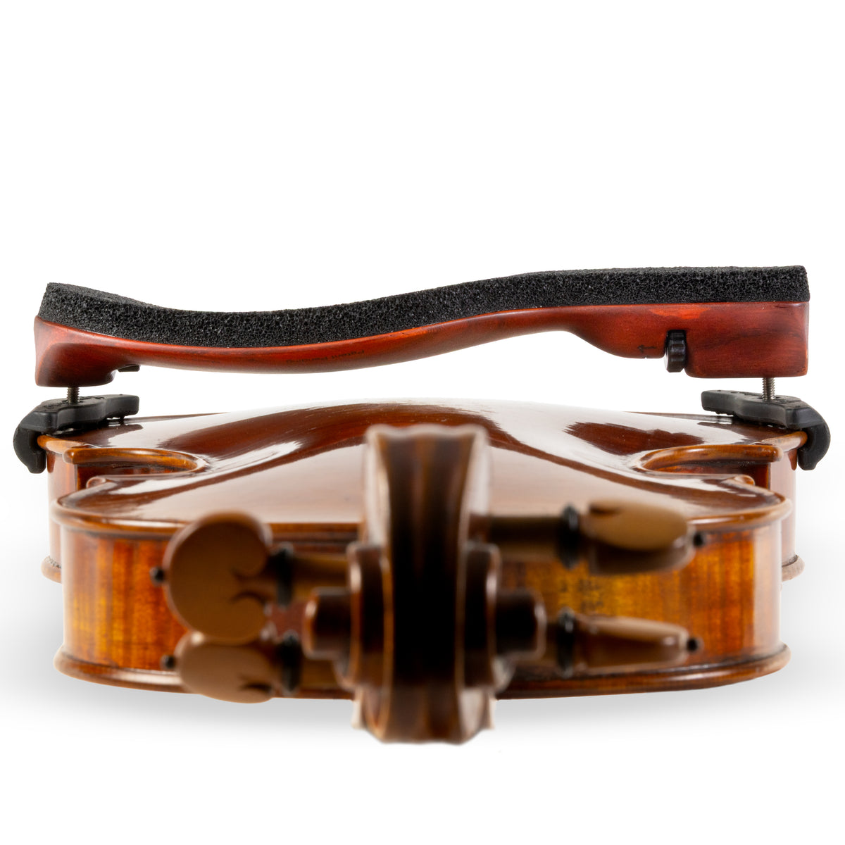 Perfecto Padauk Violin Shoulder Rest Low-Profile View from the Scroll