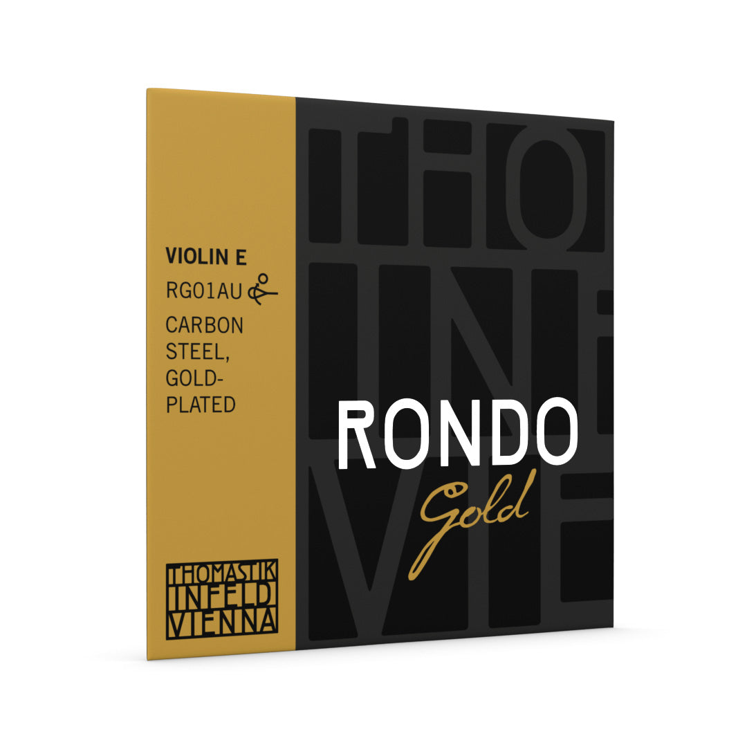 Front of Thomastik-Infeld Rondo Gold Violin Strings, Gold-Plated E-String, Carbon Steel Core Package