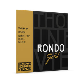 Front of Thomastik-Infeld Rondo Gold Violin Strings, Silver Wound D-String, Carbon Steel Core Package