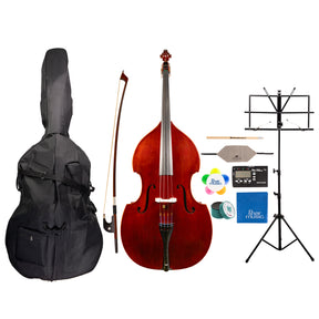 Detailed component view of a Franz Hoffmann Concert Deluxe Outfit for beginner bass with bass, wood bow with German grip, case, rosin, cleaning cloths, endpin anchor, tuner-metronome, folding stand, and more 
