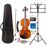 Detailed component view of a Franz Hoffmann Concert Deluxe Outfit for beginner violin with violin, wood bow, case, rosin, cleaning cloths, shoulder rest, tuner-metronome, folding stand, and more 