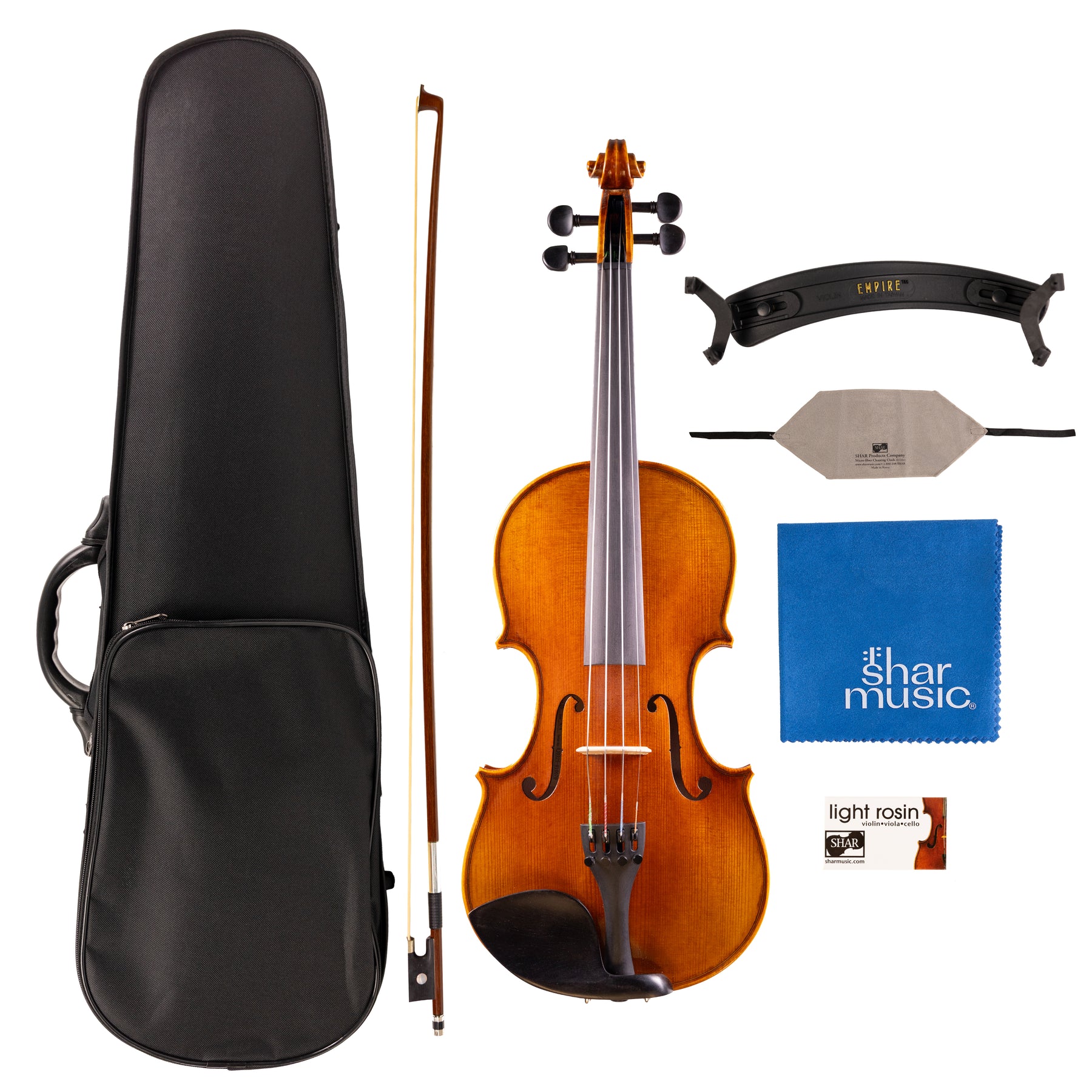 Detailed component view of a Franz Hoffmann Concert Outfit for beginner violin with violin, wood bow, case, rosin, cleaning cloths, and shoulder rest 