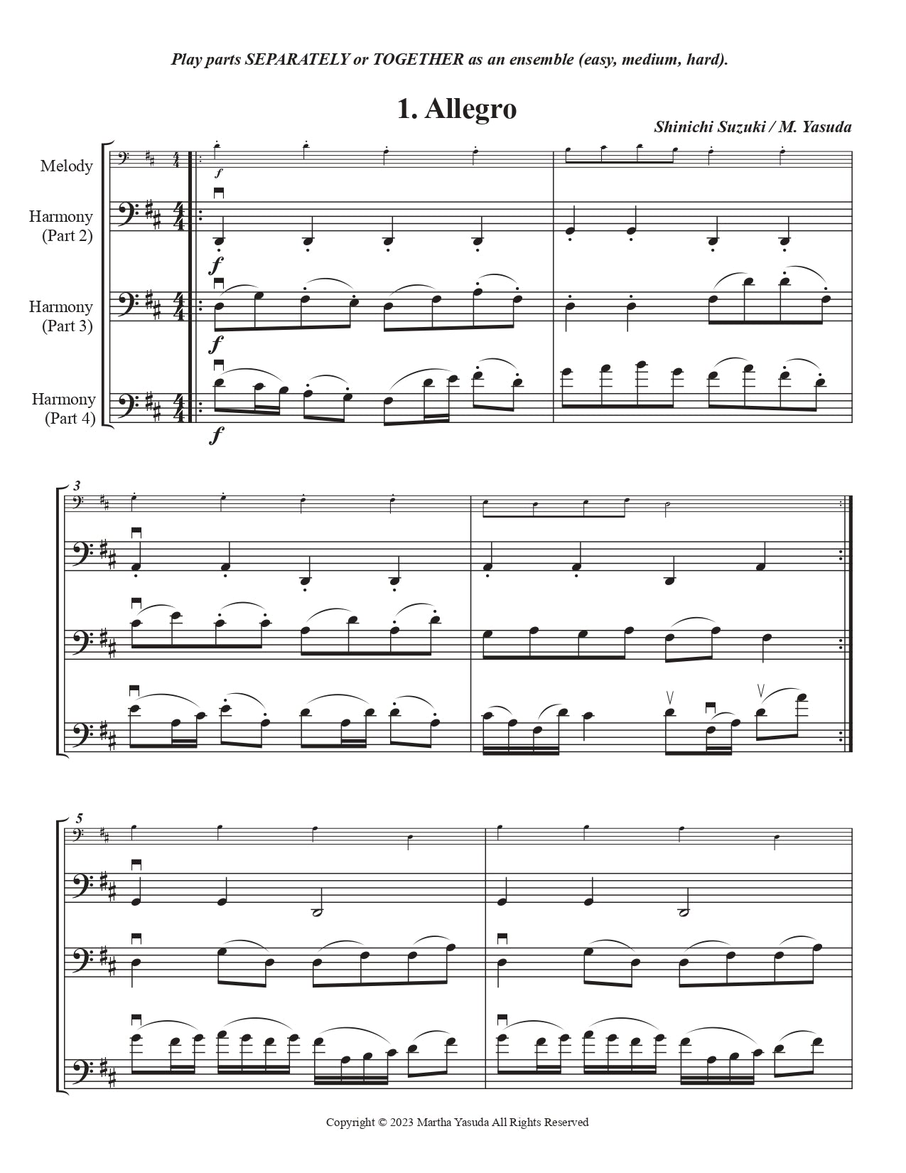 Yasuda, Martha - Folk Song Melodies For Cello Ensemble - Digital Download