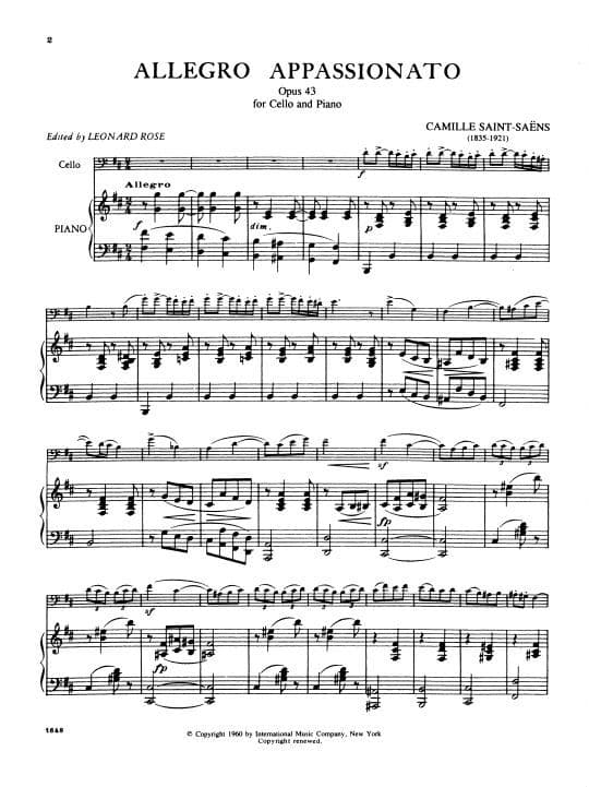 Saint-Saens, Camille - Allegro Appassionato Op 43 For Cello and Piano Edited by Leonard Rose Published by International Music Company