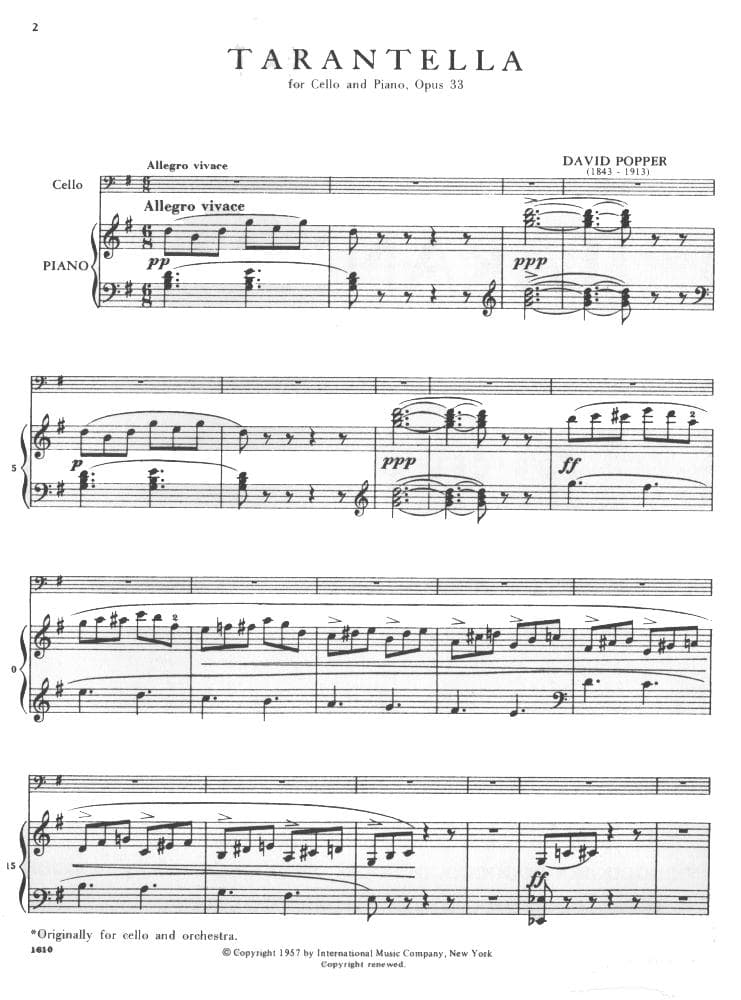 Popper, David - Tarantella Op 33 for Cello and Piano - edited by Leonard Rose - International Music Co