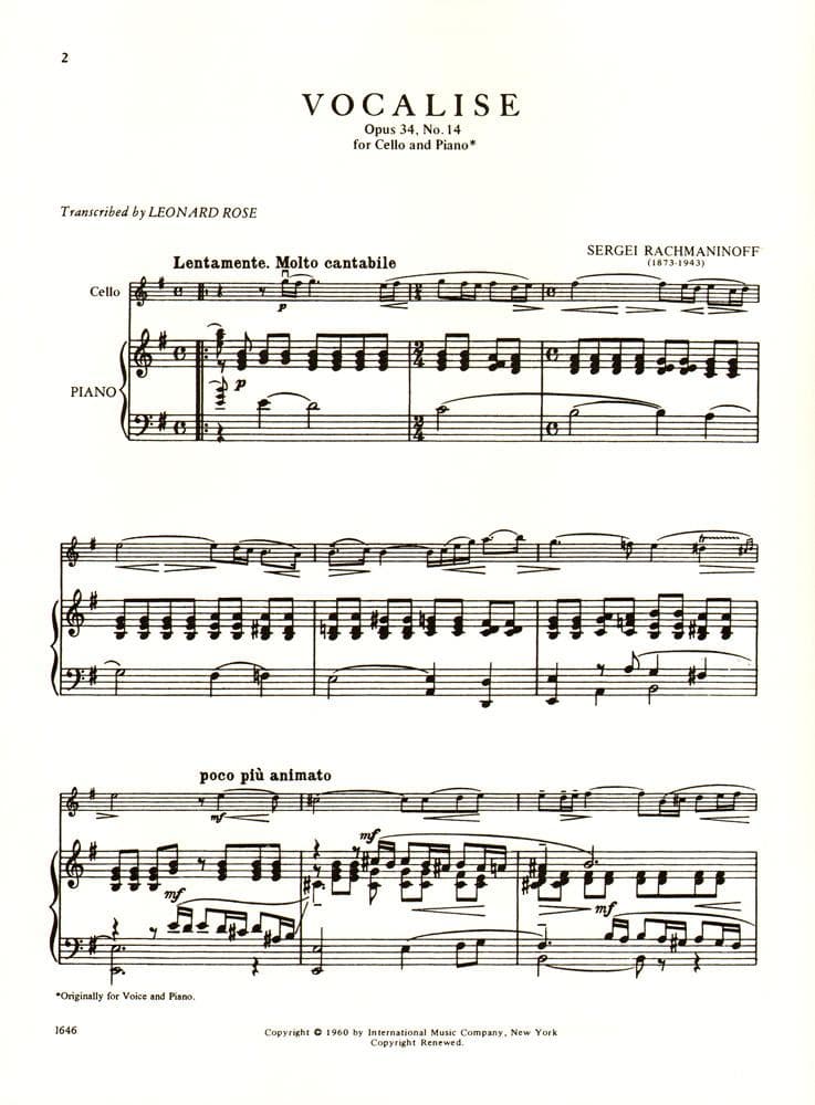 Rachmaninoff - Vocalise Op 34 No 14 For Cello Edited by Leonard Rose Published by International Music Company