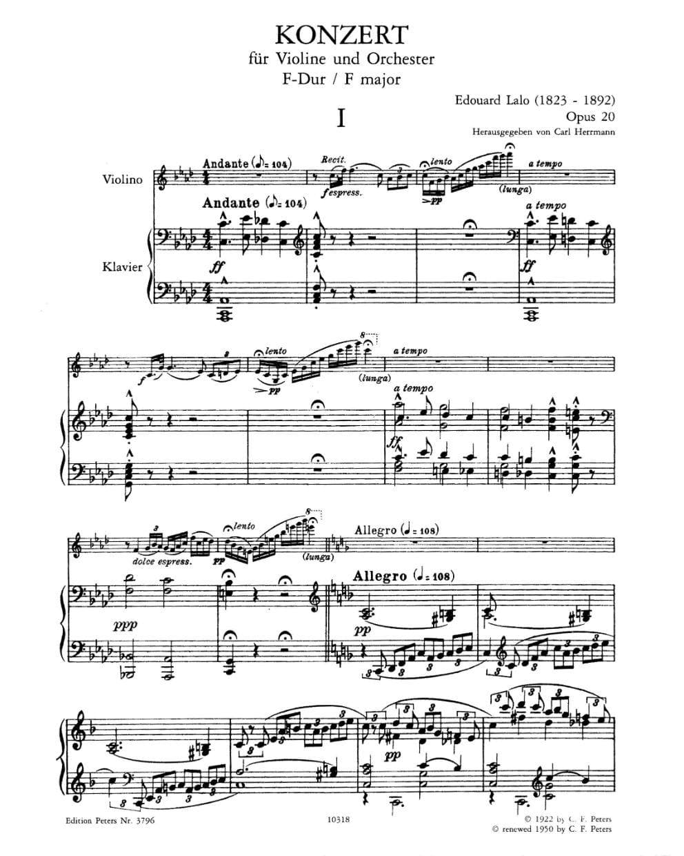 Lalo, Edouard - Concerto in F Major, Op 20 - Violin and Piano - edited by Carl Herrmann - Edition Peters