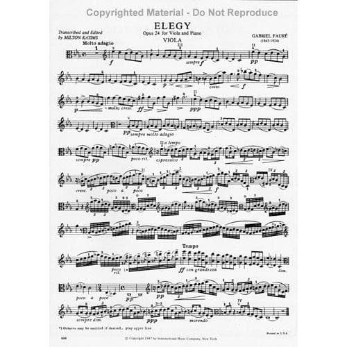 Fauré, Gabriel - Elegy, Op 24 - Viola and Piano - edited by Milton Katims - International Edition