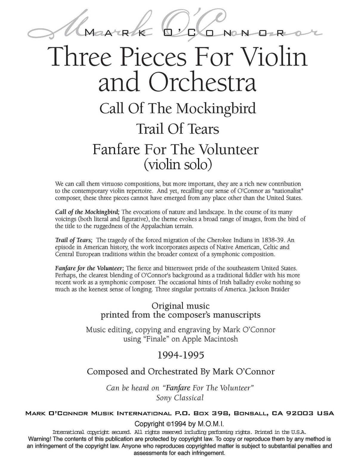 O'Connor, Mark - Three Pieces for Violin and Orchestra - Violin Solo - Digital Download
