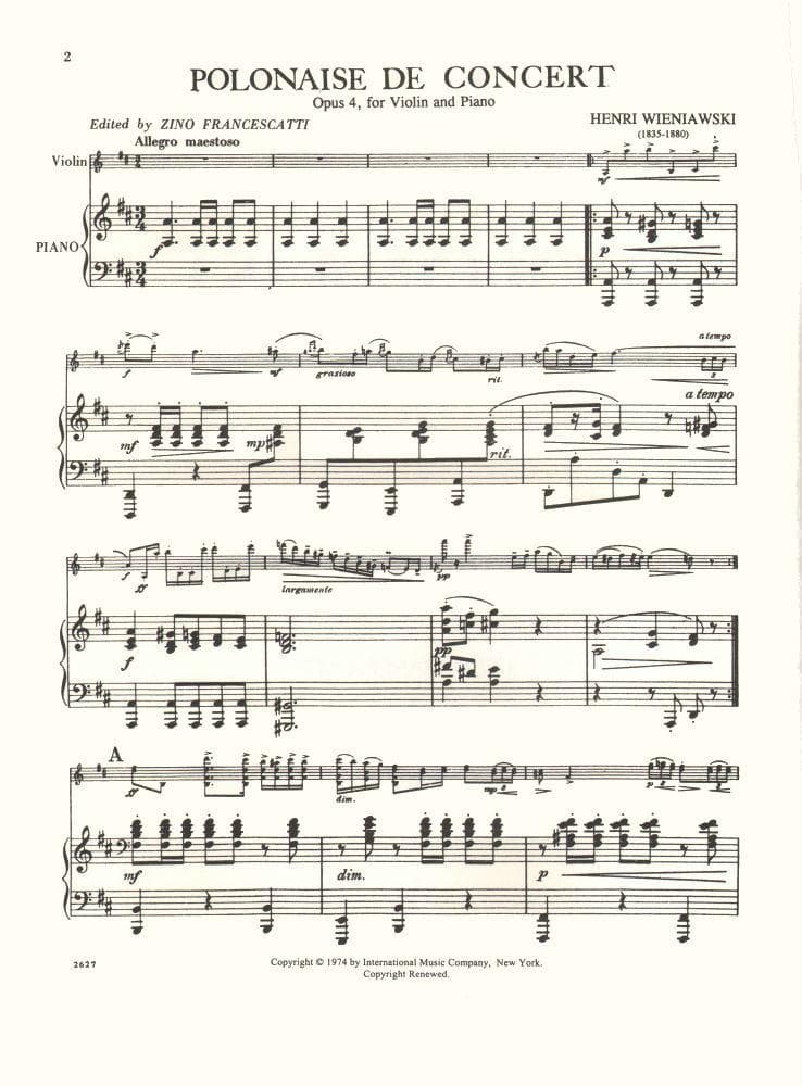 Wieniawski, Henryk - Polonaise Brillante In D Major Op 4 - for Violin and Piano - edited by Francescatti - International Music Company