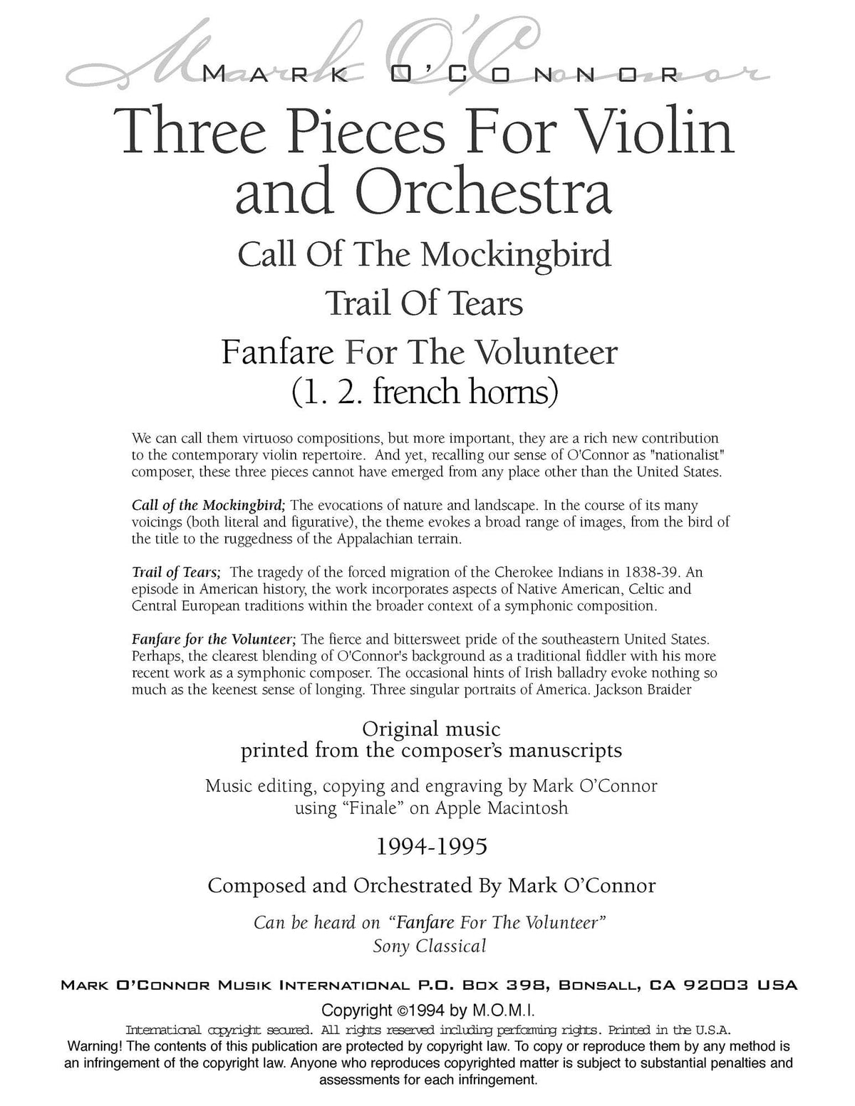 O'Connor, Mark - Three Pieces for Violin and Orchestra - Brass - Digital Download