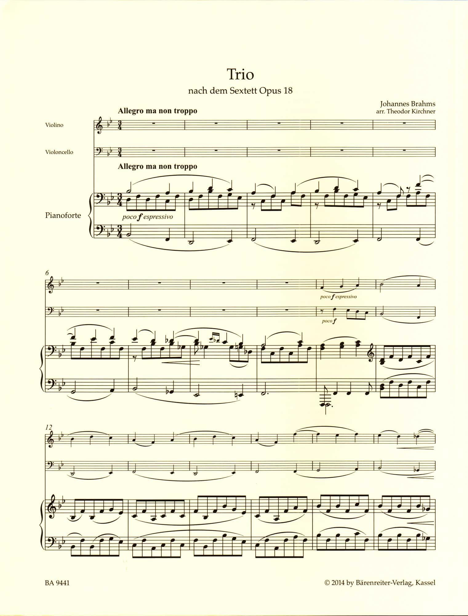 Brahms, Johannes - Trio, after the Sextet in B-flat major, Op. 18 - for Violin, Cello, and Piano - edited by Hogwood - Barenreiter URTEXT
