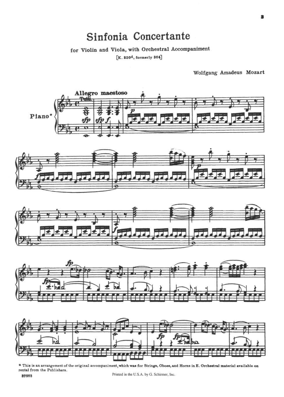 Mozart, WA - Sinfonia Concertante, K 364 - Violin, Viola and Piano - G Schirmer Edition