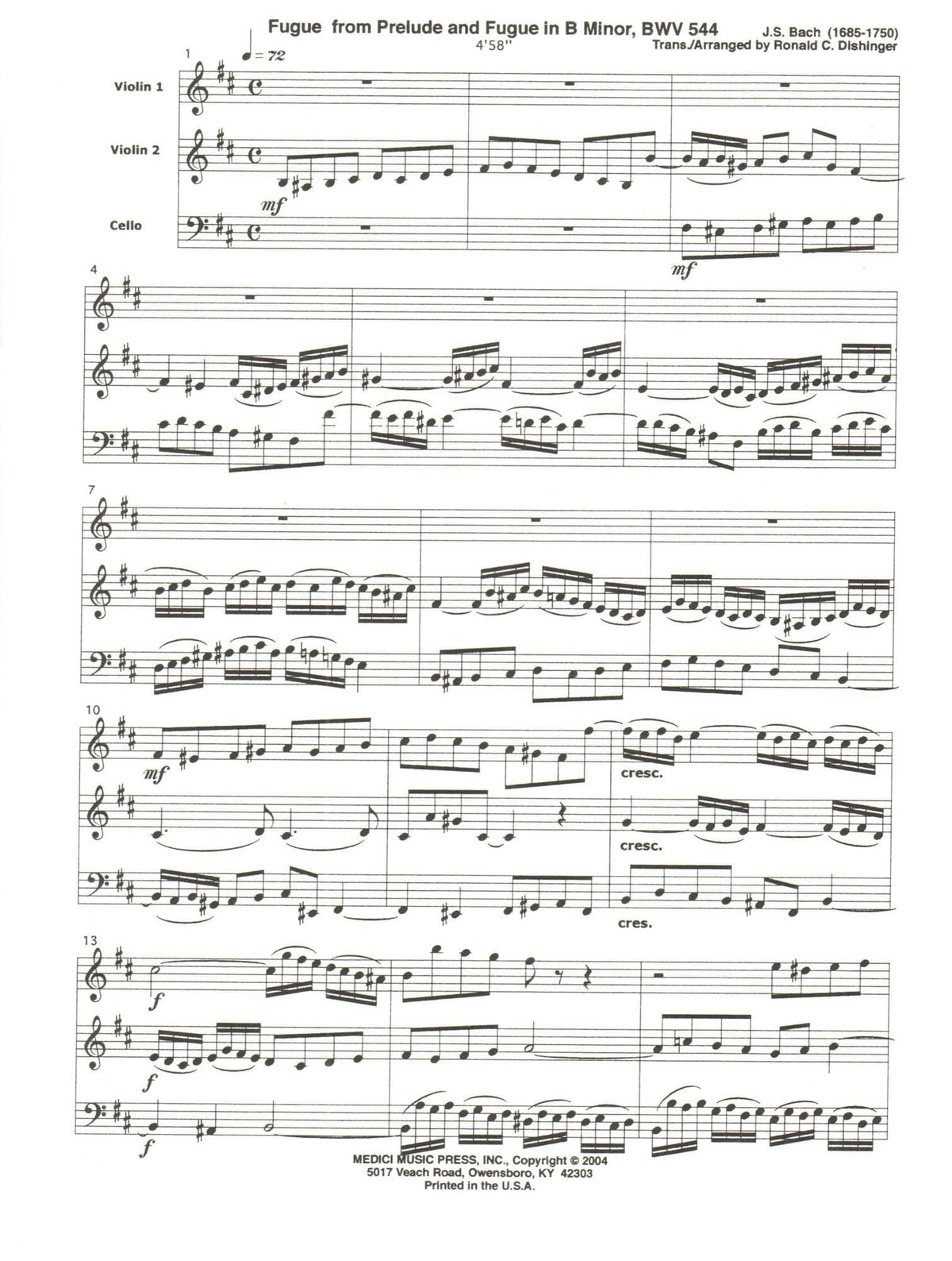 Bach, J.S. - Fugue from Prelude and Fugue in B Minor (BWV 544) - for Two Violins and Cello - arranged by Dishinger - Medici Music Press