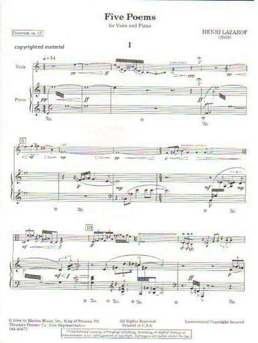 Lazarof, Henri - Five Poems - Viola and Piano - Merion Music, Inc