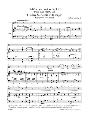 Seitz, Fritz (Friedrich) - Concert Pieces: Student Concerto in D Major, Op 22 - for Viola and Piano - edited by Kurt Sassmannshaus - Bärenreiter