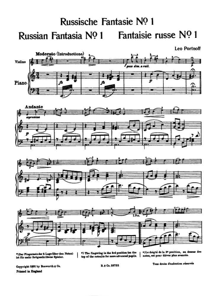 Portnoff, Leo - Russian Fantasia No 1 in A Minor - Violin and Piano - Bosworth
