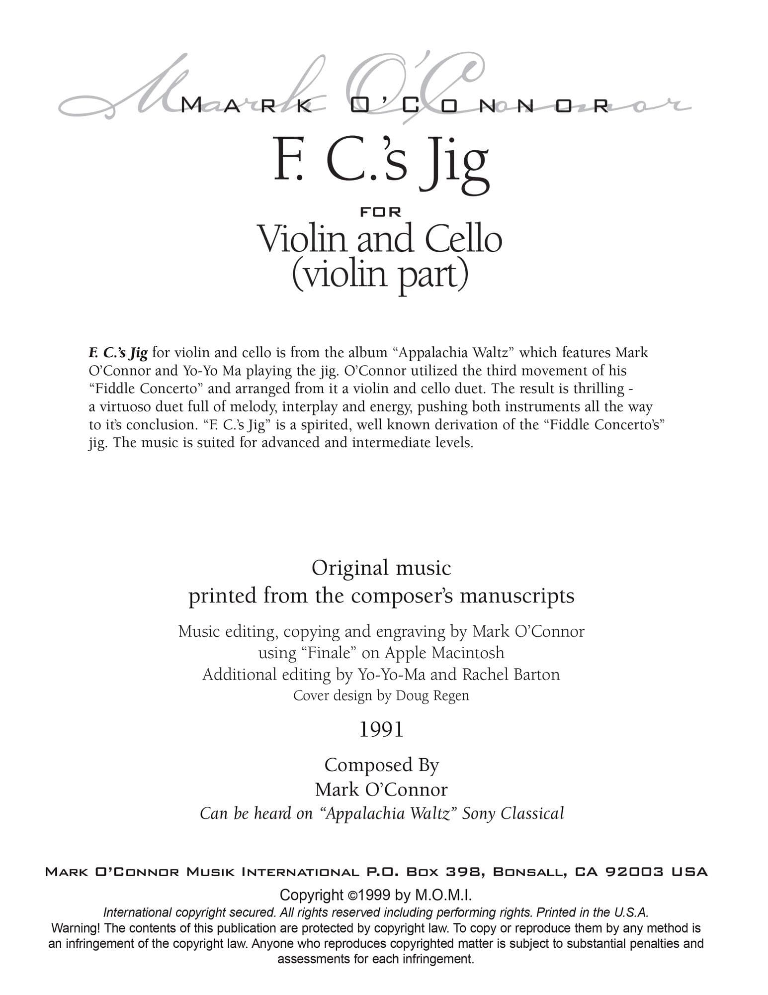 O'Connor, Mark - F.C.'s Jig for Violin and Cello - Violin - Digital Download
