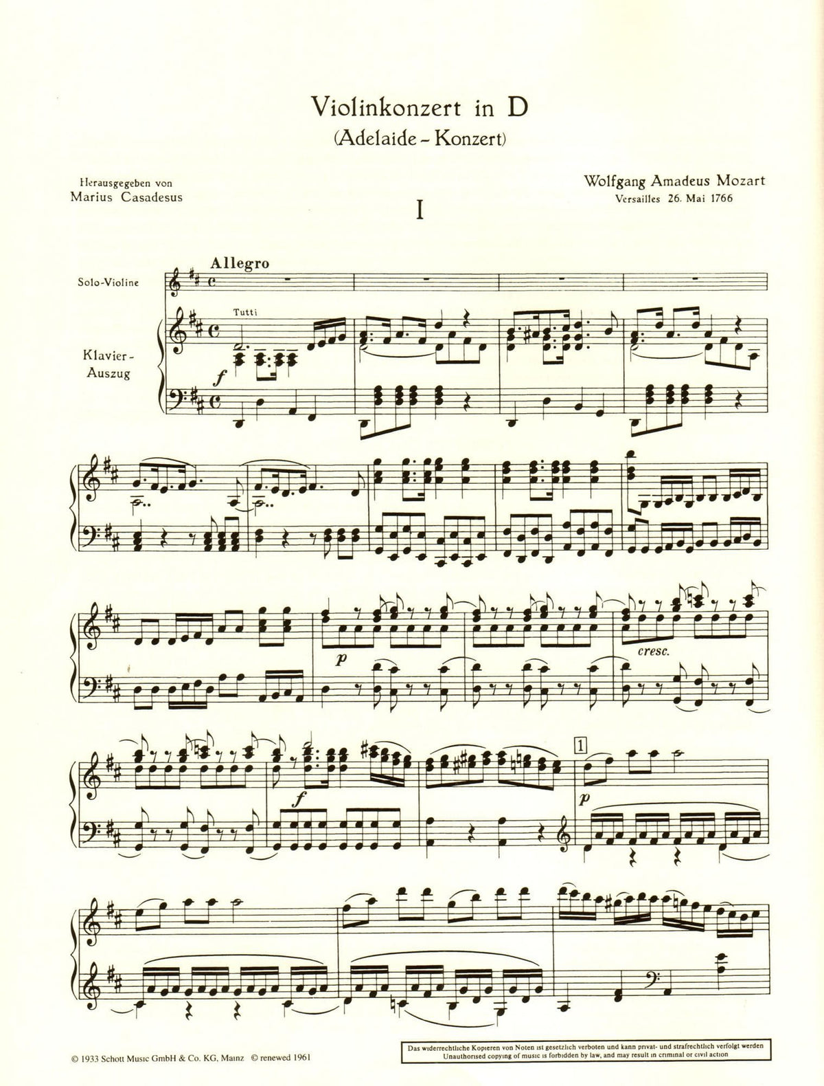 Mozart, WA - Concerto in D Major, K 294a ("Adelaide") - Violin and Piano - arranged by Marius Casadesus - Schott Edition