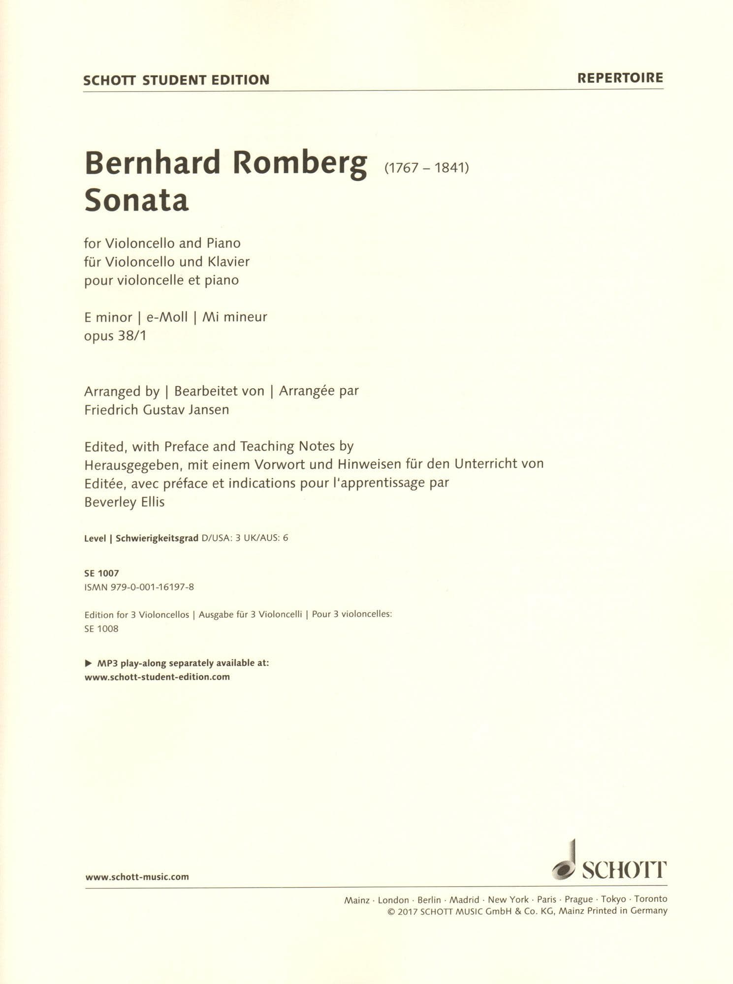 Romberg, Bernhard - Sonata in E minor, Op. 38/1 - for Cello and Piano - arranged by Jansen - edited by Ellis - Schott Student Edition
