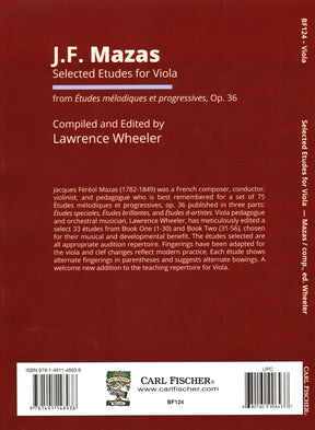 Mazas, J.F. - Selected Etudes for Viola, from Op. 36 - for Solo Viola - edited by Lawrence Wheeler - Carl Fischer