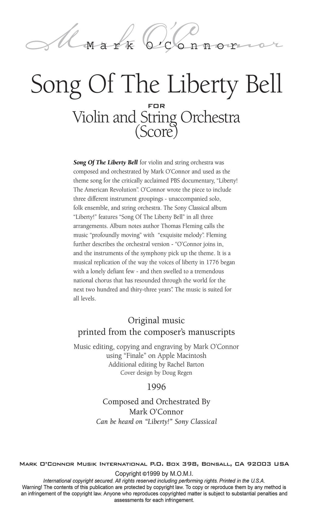O'Connor, Mark - Song Of The Liberty Bell for Violin and String Orchestra - Score - Digital Download