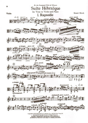 Bloch, Ernest - Suite Hebraique - Viola (or Violin) and Piano - G Schirmer Edition