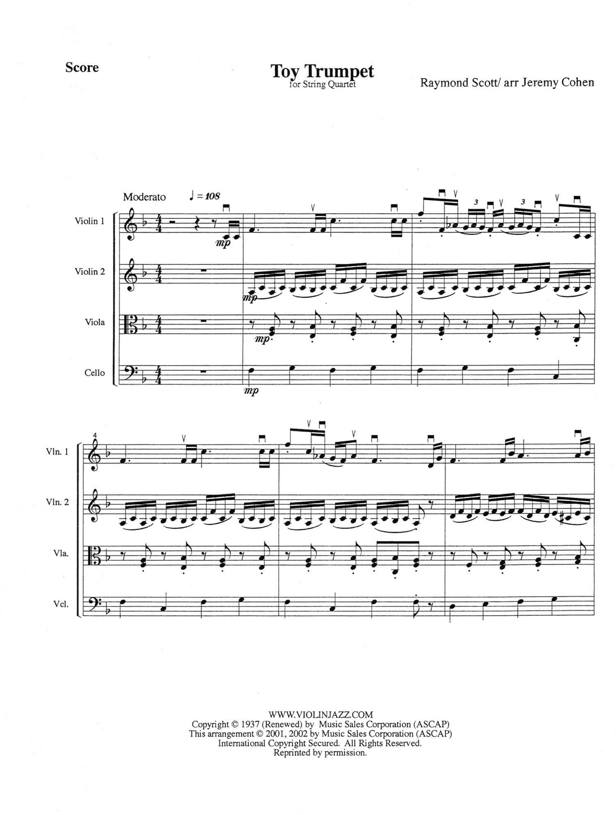 Scott, Raymond - Toy Trumpet - Raymond Scott Collection - for String Quartet - arranged by Jeremy Cohen - Violinjazz Editions