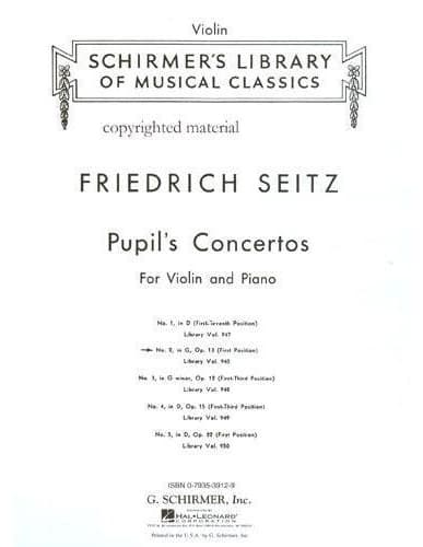 Seitz, Fritz (Friedrich) - Student's Concerto No 2 in G Major, Op 13 - Violin and Piano - Schirmer