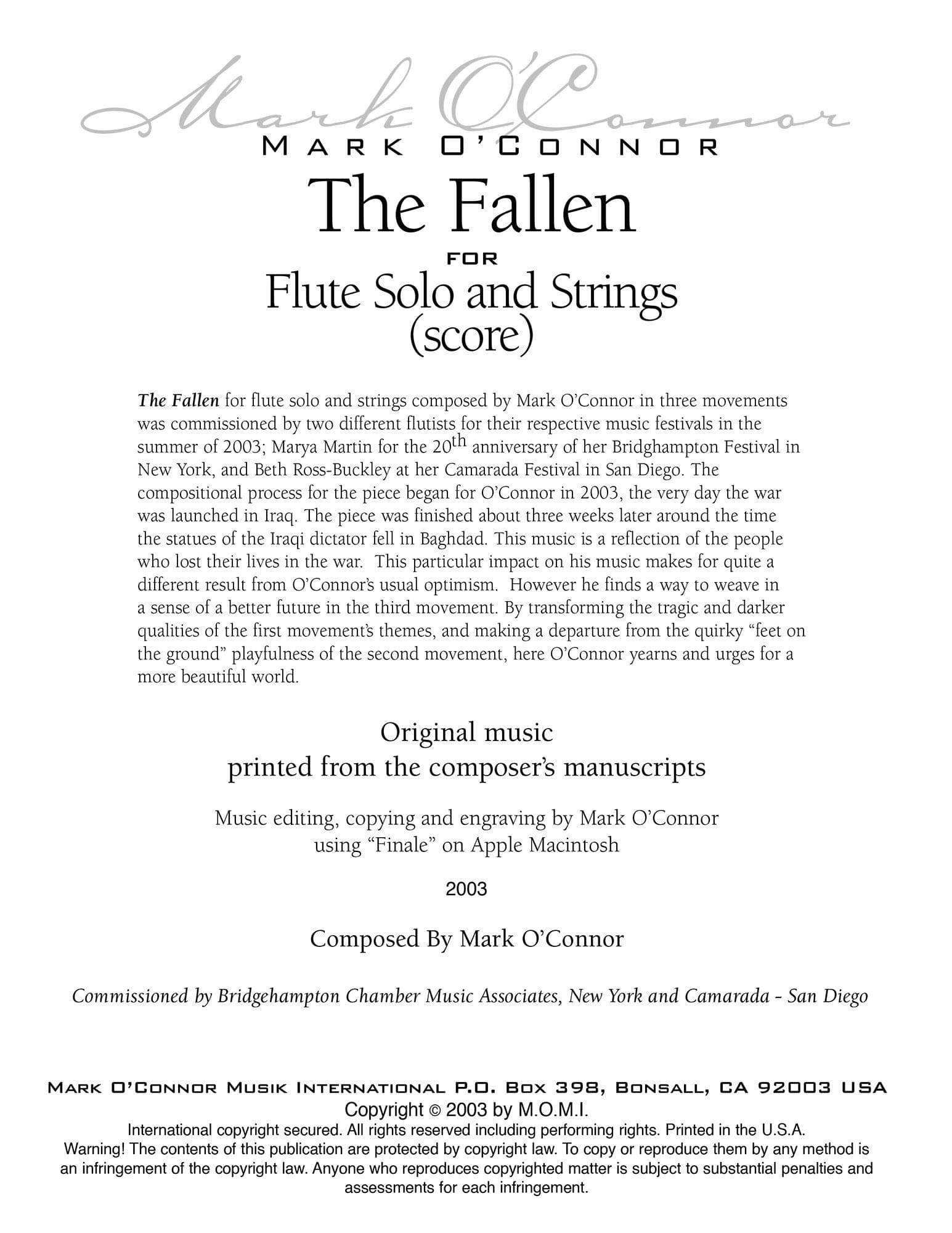 O'Connor, Mark - The Fallen for Flute and Strings - Score - Digital Download